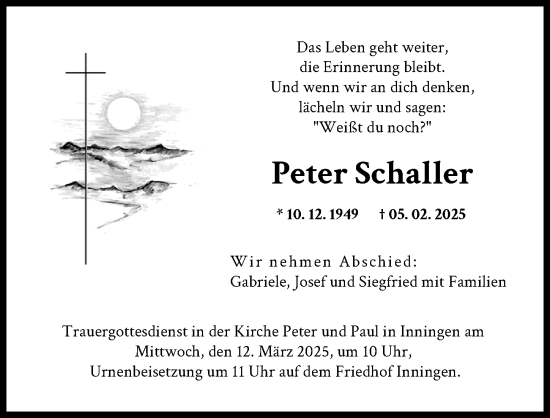 Traueranzeige von Peter Schaller von Augsburger Allgemeine