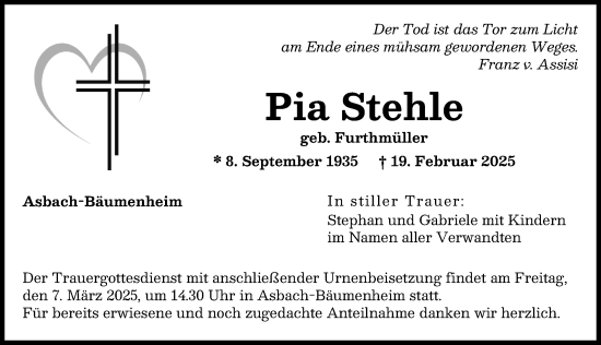 Traueranzeige von Pia Stehle von Donauwörther Zeitung
