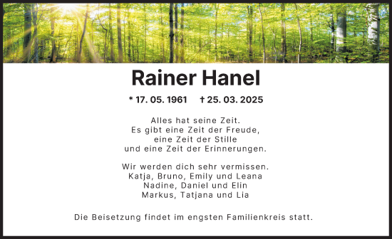 Traueranzeige von Rainer Hanel von Neu-Ulmer Zeitung