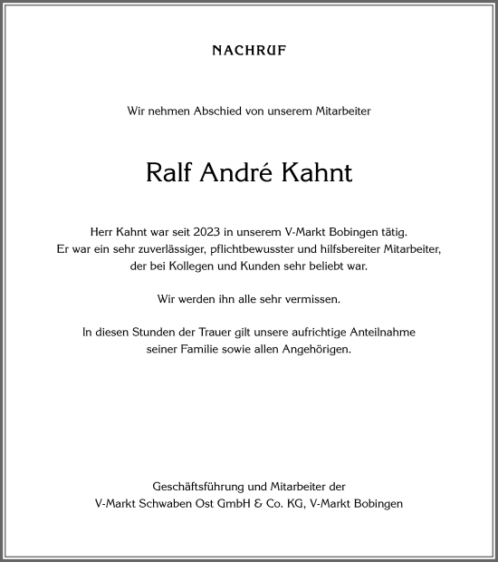 Traueranzeige von Ralf Andre Kahnt von Schwabmünchner Allgemeine