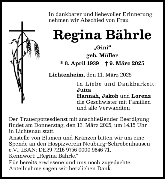 Traueranzeige von Regina Bährle von Neuburger Rundschau