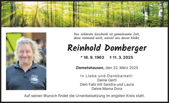 Traueranzeige von Reinhold Domberger von Mittelschwäbische Nachrichten
