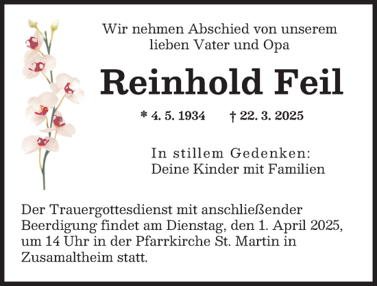 Traueranzeige von Reinhold Feil von Wertinger Zeitung