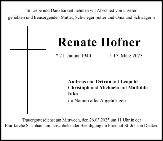 Traueranzeige von Renate Hofner von Ammersee Kurier