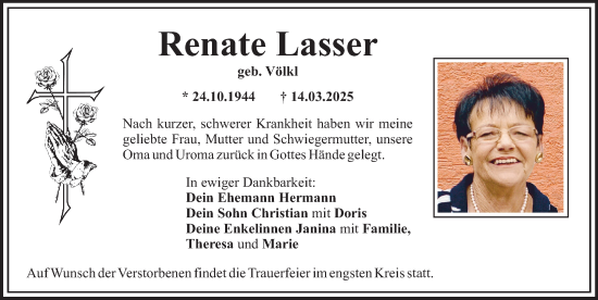 Traueranzeige von Renate Lasser von Mittelschwäbische Nachrichten
