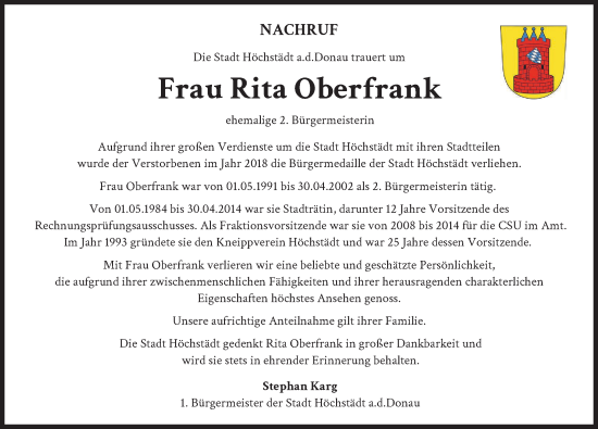 Traueranzeige von Rita Oberfrank von Donau Zeitung