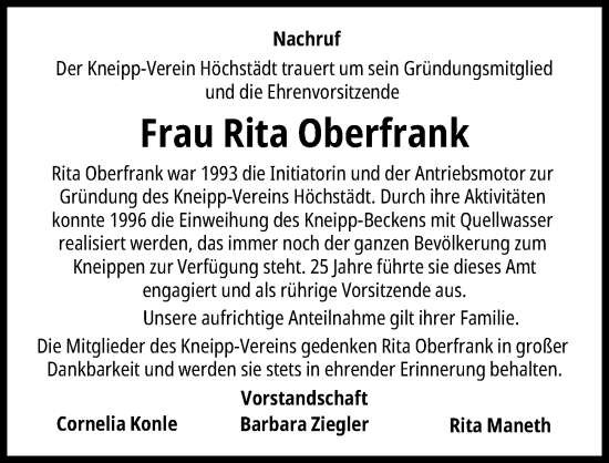 Traueranzeige von Rita Oberfrank von Donau Zeitung