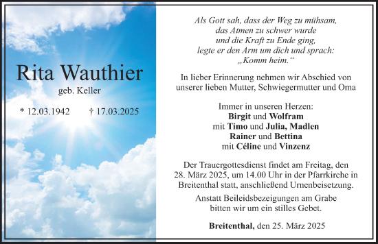 Traueranzeige von Rita Wauthier von Mittelschwäbische Nachrichten