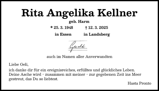 Traueranzeige von Rita Angelika Kellner von Landsberger Tagblatt
