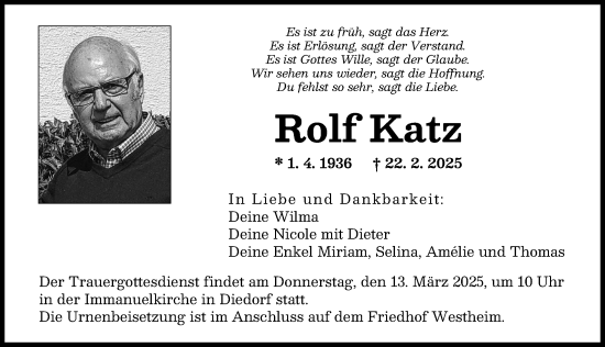 Traueranzeige von Rolf Katz von Augsburger Allgemeine