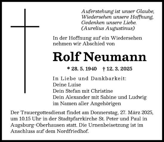 Traueranzeige von Rolf Neumann von Augsburger Allgemeine