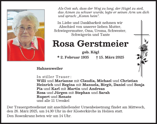 Traueranzeige von Rosa Gerstmeier von Augsburg-Land