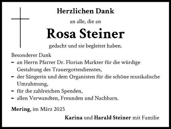 Traueranzeige von Rosa Steiner von Friedberger Allgemeine