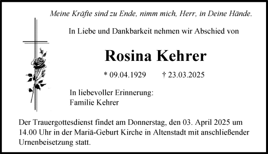 Traueranzeige von Rosina Kehrer von Illertisser Zeitung