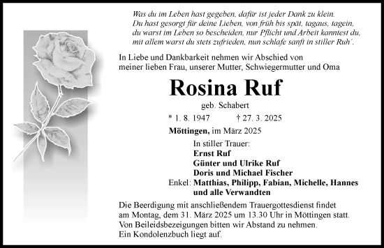 Traueranzeige von Rosina Ruf von Rieser Nachrichten