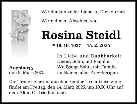 Traueranzeige von Rosina Steidl von Augsburger Allgemeine