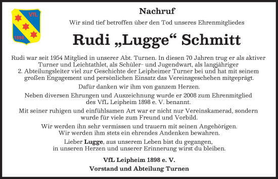 Traueranzeige von Rudi Schmitt von Günzburger Zeitung