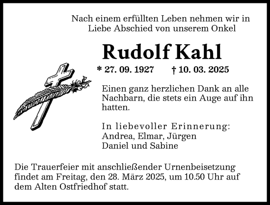 Traueranzeige von Rudolf Kahl von Schwabmünchner Allgemeine