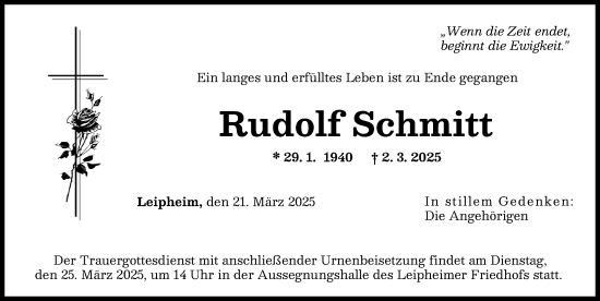 Traueranzeige von Rudolf Schmitt von Günzburger Zeitung