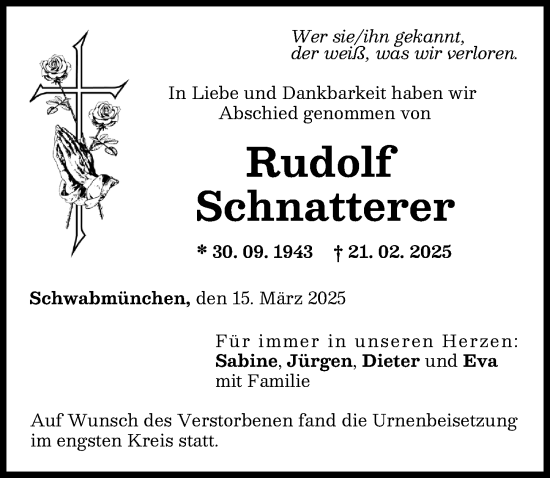 Traueranzeige von Rudolf Schnatterer von Schwabmünchner Allgemeine