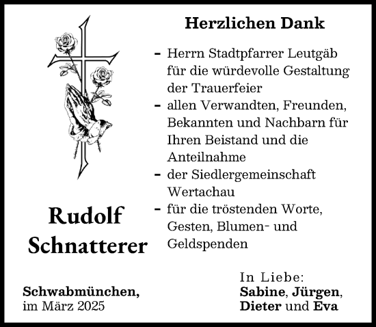 Traueranzeige von Rudolf Schnatterer von Schwabmünchner Allgemeine
