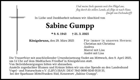 Traueranzeige von Sabine Gumpp von Augsburger Allgemeine