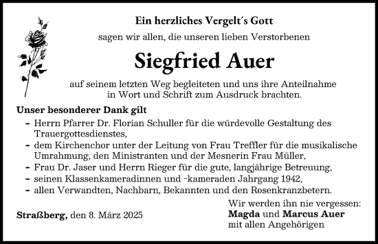 Traueranzeige von Siegfried Auer von Schwabmünchner Allgemeine