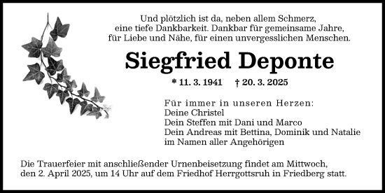 Traueranzeige von Siegfried Deponte von Augsburger Allgemeine