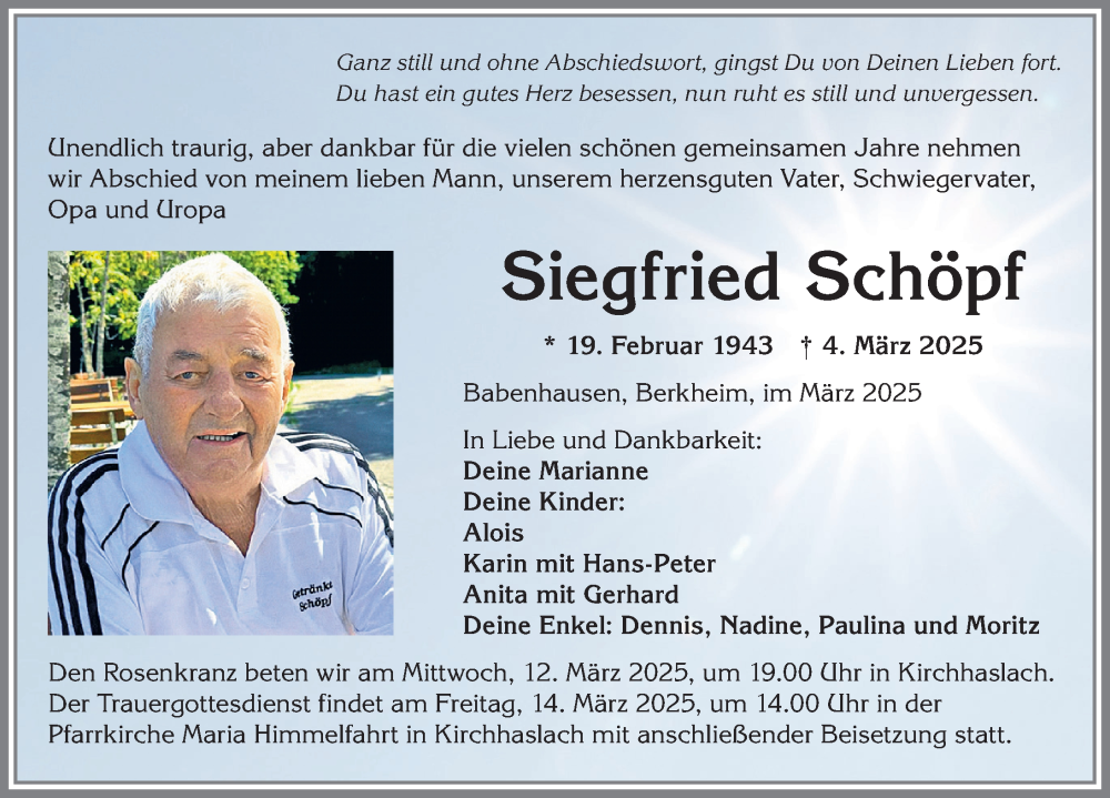  Traueranzeige für Siegfried Schöpf vom 11.03.2025 aus Illertisser Zeitung