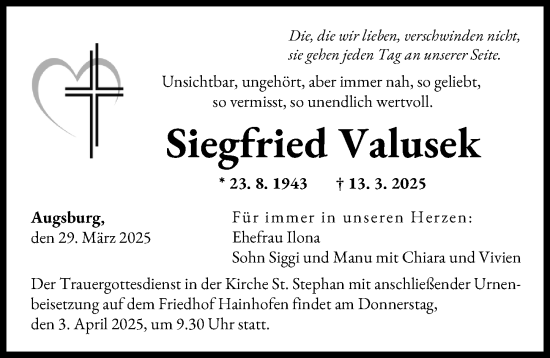 Traueranzeige von Siegfried Valusek von Augsburger Allgemeine
