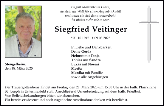 Traueranzeige von Siegfried Veitinger von Neuburger Rundschau