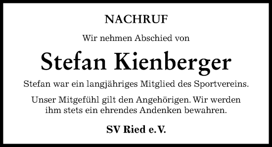 Traueranzeige von Stefan Kienberger von Friedberger Allgemeine