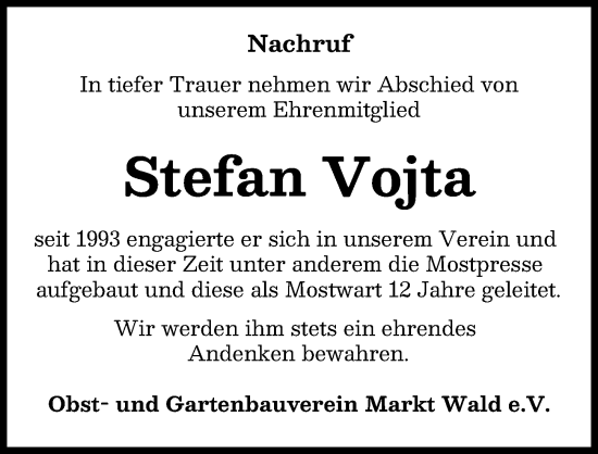 Traueranzeige von Stefan Vojta von Mindelheimer Zeitung