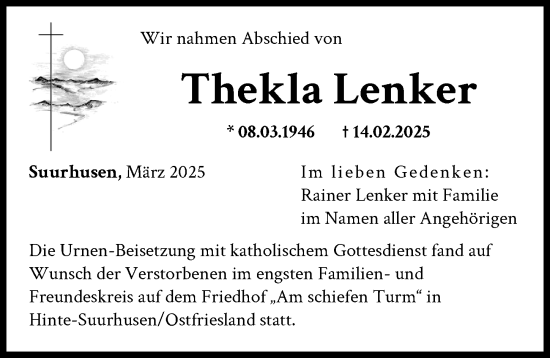 Traueranzeige von Thekla Lenker von Friedberger Allgemeine