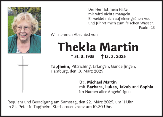Traueranzeige von Thekla Martin von Donau Zeitung, Donauwörther Zeitung