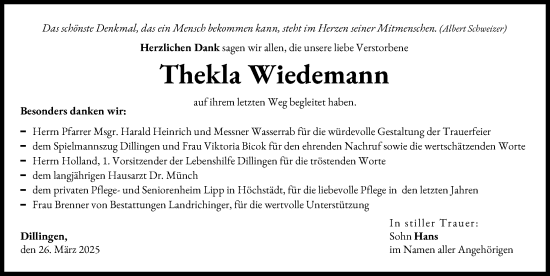 Traueranzeige von Thekla Wiedemann von Donau Zeitung