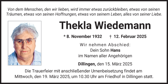 Traueranzeige von Thekla Wiedemann von Donau Zeitung