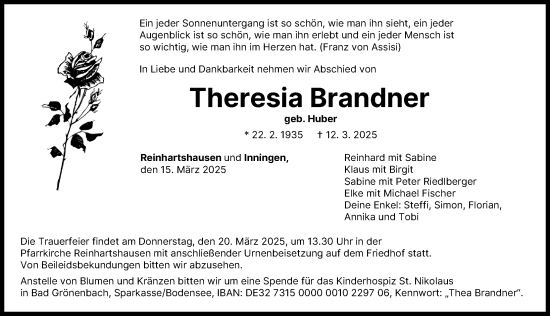 Traueranzeige von Theresia Brandner von Augsburger Allgemeine