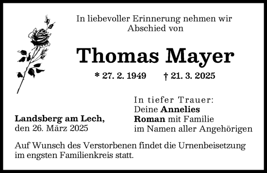 Traueranzeige von Thomas Mayer von Landsberger Tagblatt