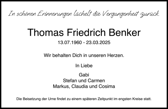 Traueranzeige von Thomas Friedrich Benker von Donauwörther Zeitung
