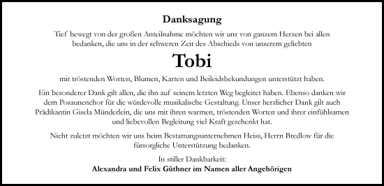 Traueranzeige von Tobi  von Rieser Nachrichten