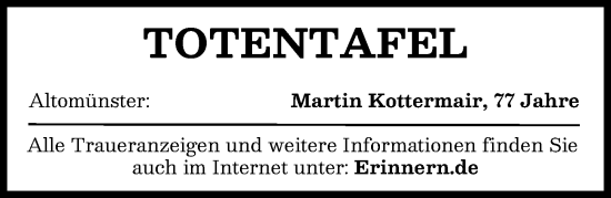 Traueranzeige von Totentafel vom 22.03.2025 von Aichacher Nachrichten