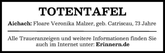 Traueranzeige von Totentafel vom 26.03.2025 von Aichacher Nachrichten