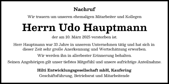 Traueranzeige von Udo Hauptmann von Landsberger Tagblatt