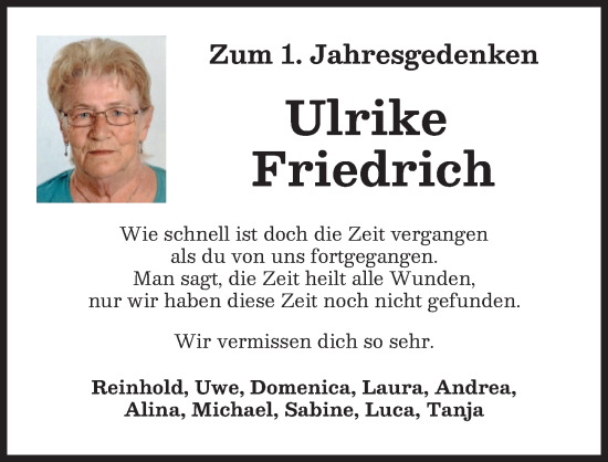 Traueranzeige von Ulrike Friedrich von Donau Zeitung