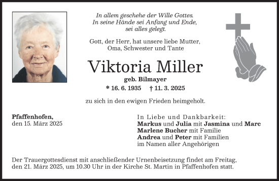 Traueranzeige von Viktoria Miller von Neu-Ulmer Zeitung