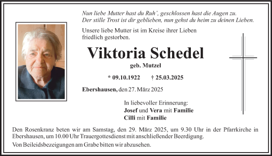 Traueranzeige von Viktoria Schedel von Mittelschwäbische Nachrichten