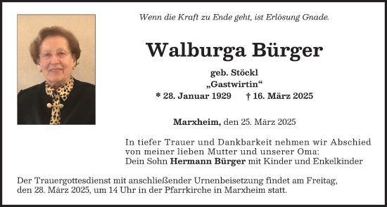 Traueranzeige von Walburga Bürger von Donauwörther Zeitung