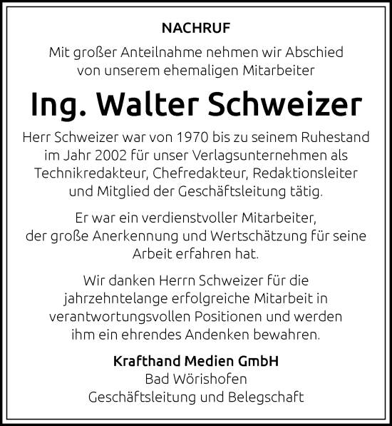 Traueranzeige von Walter Schweizer von Mindelheimer Zeitung