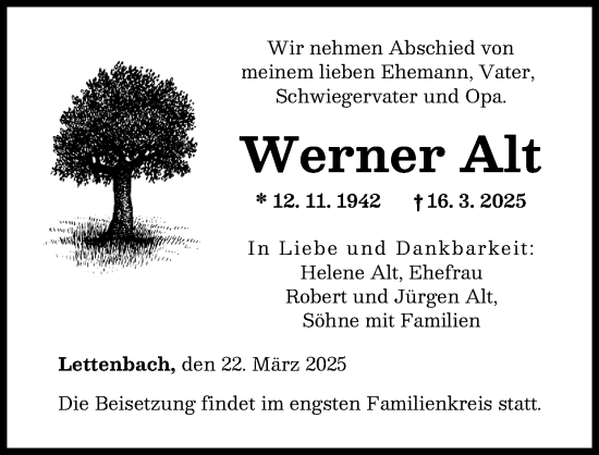 Traueranzeige von Werner Alt von Augsburger Allgemeine